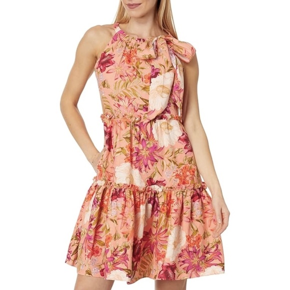 NEW Vince Camuto Floral Printed Linen Trapeze Float Tiered Mini Dress Sz. 10 - Picture 1 of 3